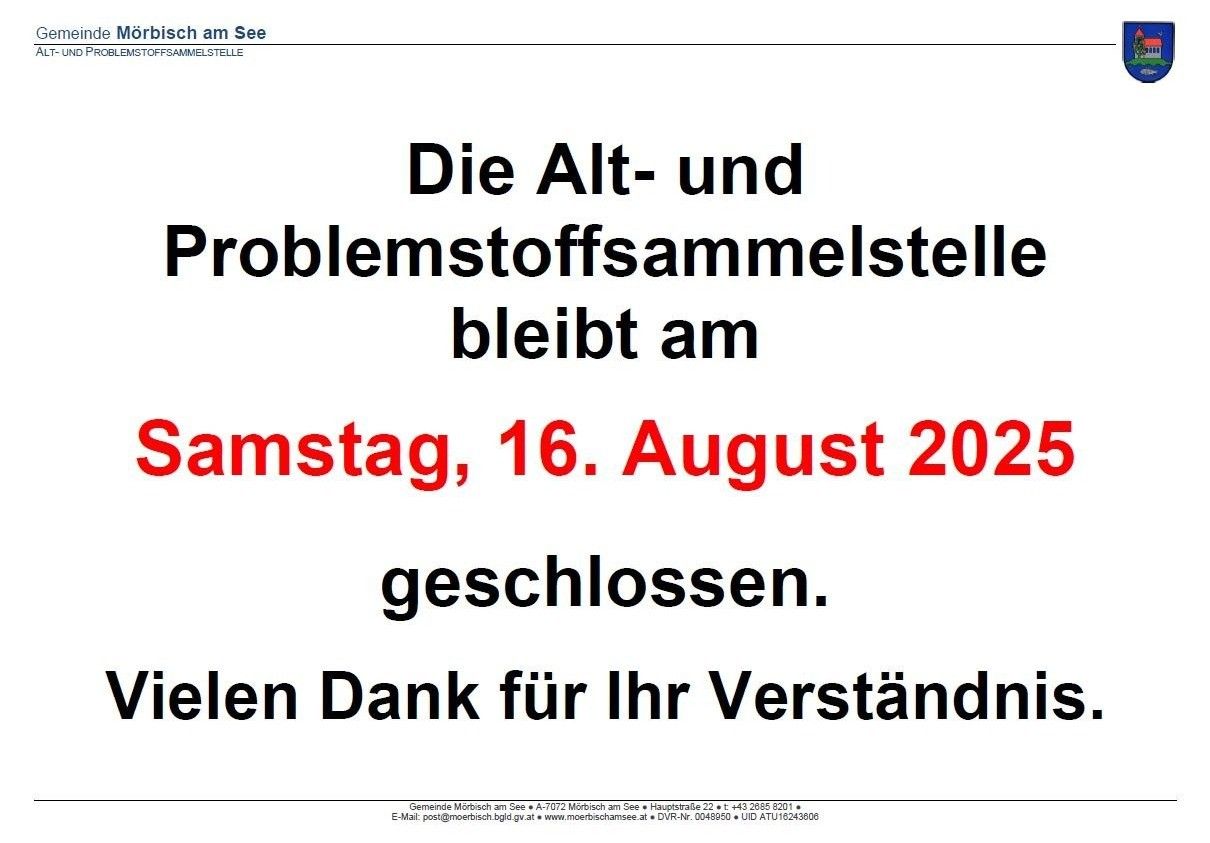 Die Alt- und Problemstoffsammlungsstelle bleibt am Montag, 16. August 2021, geschlossen. Vielen Dank für Ihr Verständnis.