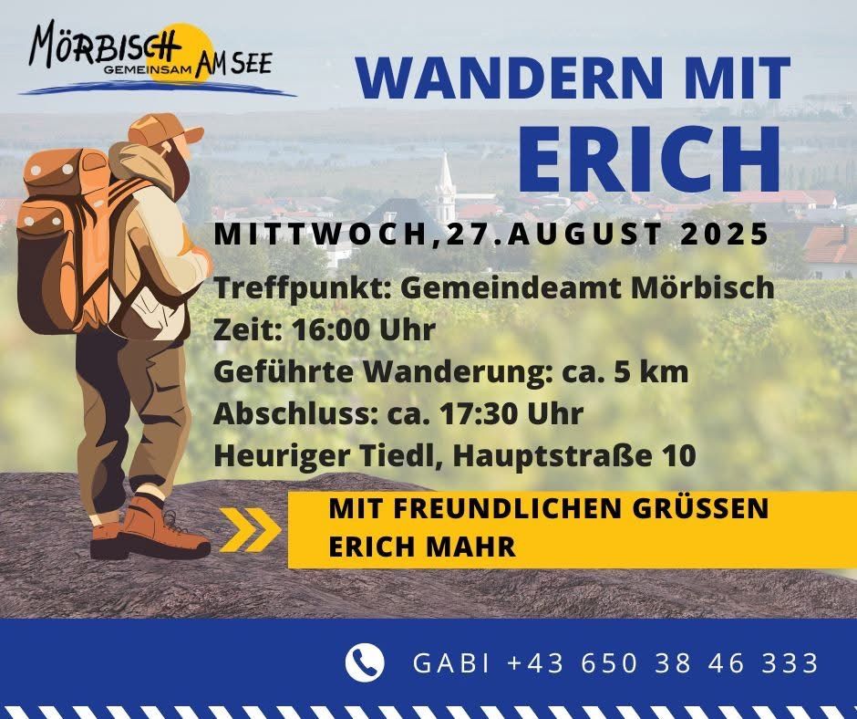 Eine Wanderung mit Erich ist für Mittwoch, 27. August 2025 geplant. Treffpunkt ist Gemeindeamt Morbisch um 16:00 Uhr. Die Wanderung ist etwa 5 km lang und endet um 17:30 Uhr. Kontaktieren Sie Gabi unter +43 650 38 46 33.