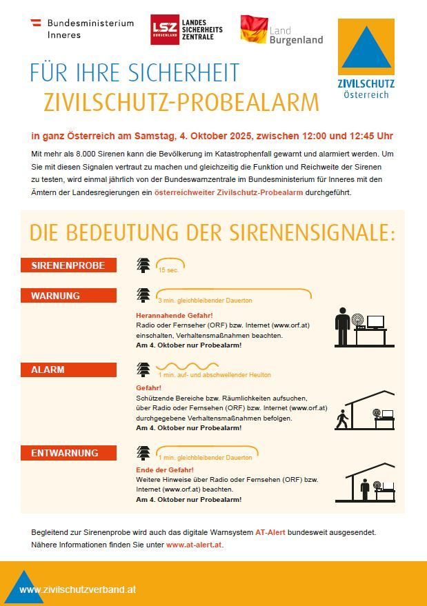 Österreichweite Zivilschutz-Probealarm am 4. Oktober 2025, von 12:00 bis 12:45 Uhr. Über 8.000 Sirenen warnen und alarmieren die Bevölkerung. Der Alarm testet Funktion und Reichweite der Sirenen. Nähere Infos auf www.at-alert.at.
