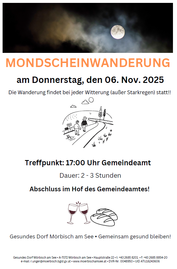 Plakat für eine Mondscheinwanderung am Donnerstag, den 6. November 2025. Treffpunkt um 17:00 Uhr beim Gemeindeamt. Dauer 2-3 Stunden. Ende im Hof des Gemeindeamtes.
