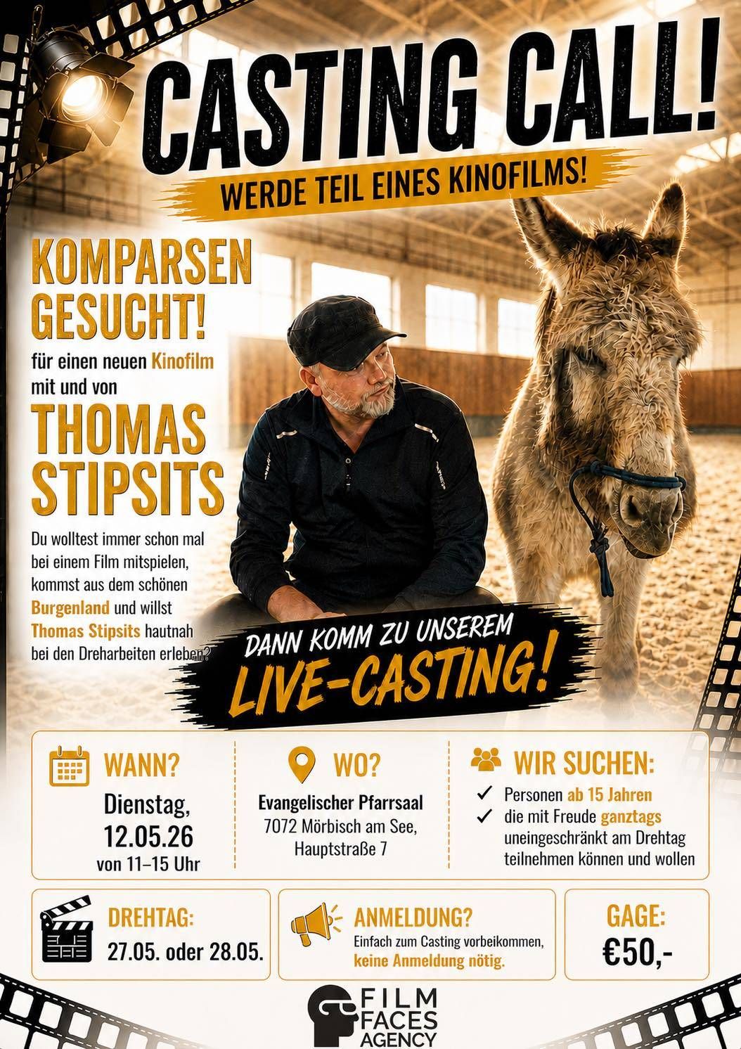 Beteilige dich an einem neuen Film mit Thomas Stipitsits. Komm zum Live-Casting in Morbis. Personen ab 15 Jahren können am Drehtag teilnehmen. Datum: 12. Mai. Zeit: 11-15 Uhr.