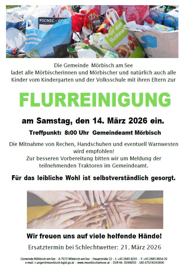Plakat für eine Gemeinde-Aufräumaktion in Morbisch am See. Es lädt Einwohner und Kinder aus lokalen Schulen ein, am Samstag, 14. März 2026 teilzunehmen. Die Versammlung beginnt um 8:00 Uhr im Morbisch Rathaus. Es wird empfohlen, Handschuhe, Stiefel und warme Kleidung mitzubringen. Die Teilnahme mit Traktoren wird ebenfalls erwähnt. Essen wird bereitgestellt.