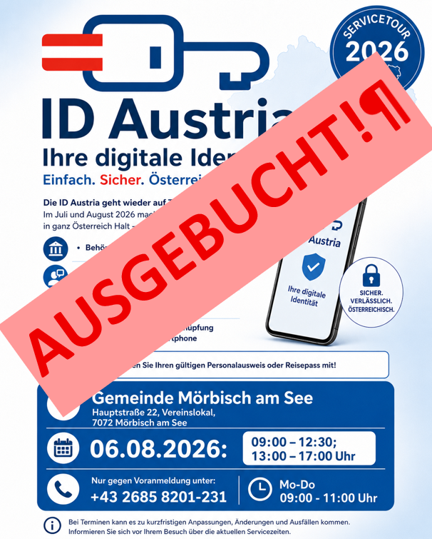 Plakat für die ID Austria Servicetour im Jahr 2026, mit einem Konzept für digitale Identität, sicher und zuverlässig, mit Terminen, Ort und Kontaktdaten.
