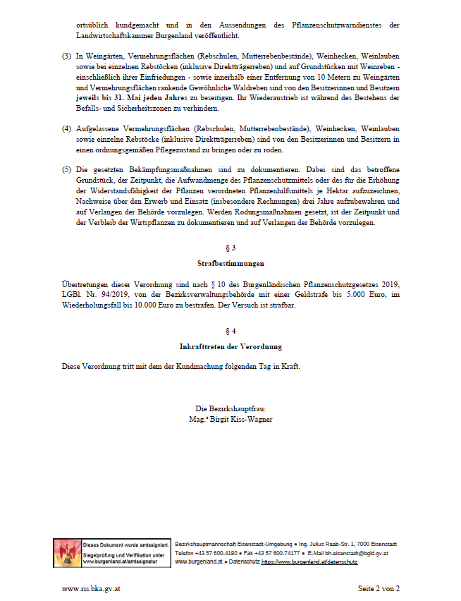 Ein Dokument mit Text auf Deutsch, das Vorschriften für die Zucht und Haltung von Tieren behandelt, einschließlich spezifischer Details zur Instandhaltung von Zuchtgebieten, zur Dokumentation von Zuchtaktivitäten und zu den Strafen für Verstöße. Das Dokument trägt den Titel 'Strafbestimmungen' und enthält eine Unterschrift von 'Mag. Birgit Kiss-Wagner'.