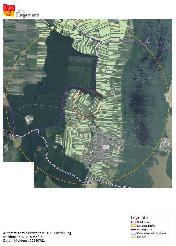 Ein Satellitenbild einer Region mit verschiedenen farbigen Linien und einem roten Kreis, der einen bestimmten Bereich hervorhebt. Das Bild enthält eine Legende am unteren Rand mit Erklärungen für die farbigen Linien.