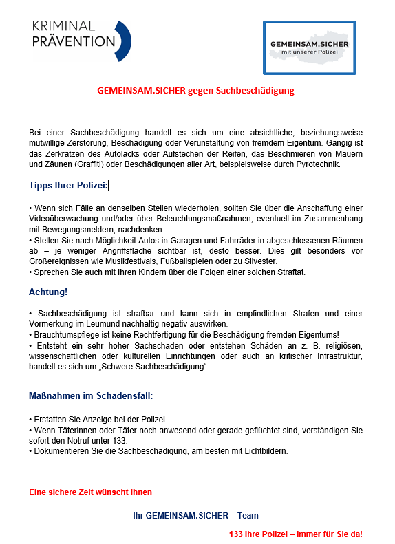 Ein Dokument mit dem Titel 'Gemeinsam.Sicher gegen Sachbeschädigung' bietet Tipps für die Polizei und Ratschläge, was bei Vandalismus zu tun ist.