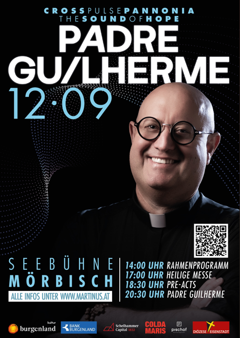 Plakat für eine Veranstaltung mit Padre Guilherme, mit einem lächelnden Priester, Datum 12.09 und einem Zeitplan mit Rahmenprogramm, heiliger Messe, Vor-Akten und einem Vortrag von Padre Guilherme.