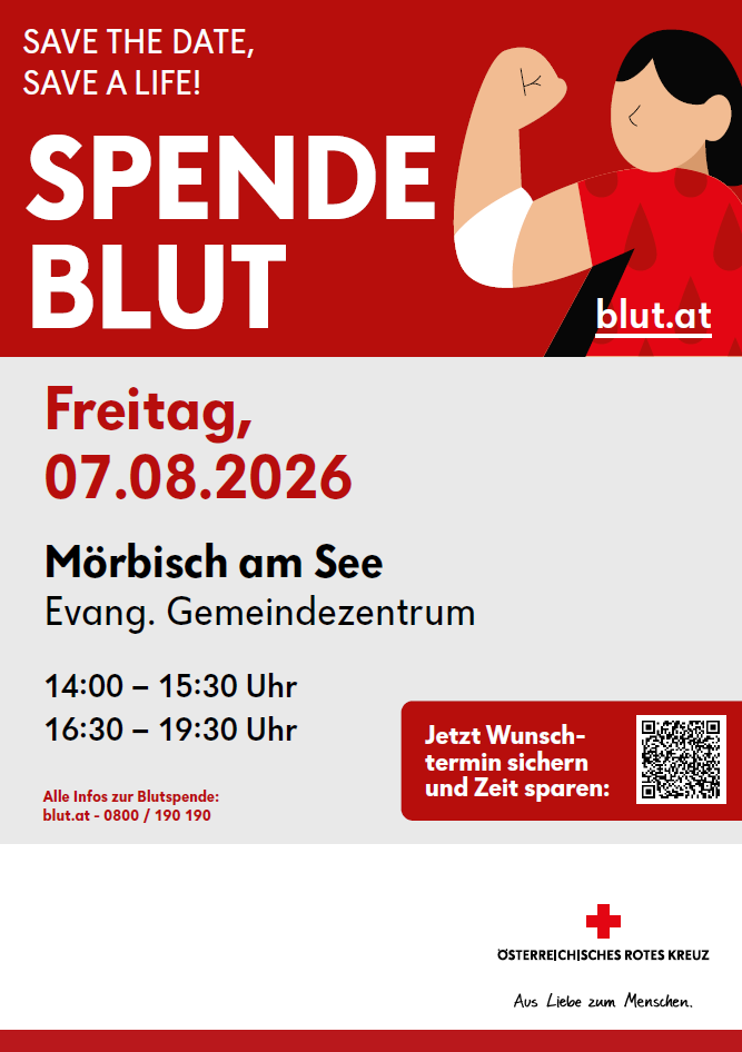 Blutspende-Veranstaltung am 07.08.2026 in Mörbish am See. Zeitfenster von 14:00-15:30 und 16:30-19:30 im Evangelischen Gemeindezentrum. Sichern Sie Ihren Termin und sparen Sie Zeit mit blut.at.