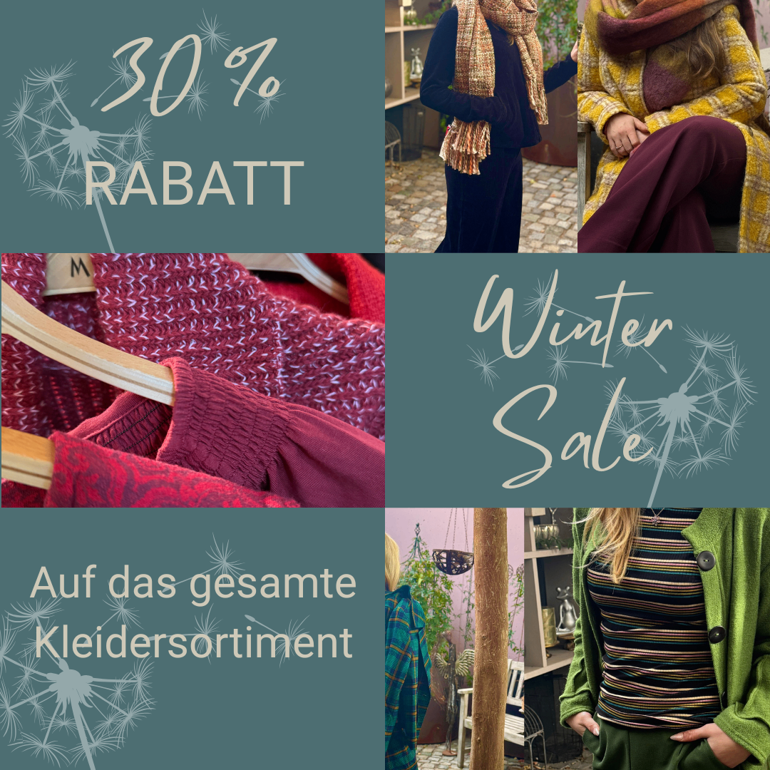 Eine Collage von Winter-Kleidung-Sale-Bildern mit einem 30%igen Rabatt. Das obere Bild zeigt eine Frau in Winterkleidung. Unten hängen Kleidungsstücke an Kleiderbügeln. Das mittlere Bild ist ein stilisierter 'Winter Sale'-Text. Das untere Bild zeigt eine Frau in einer grünen Jacke.