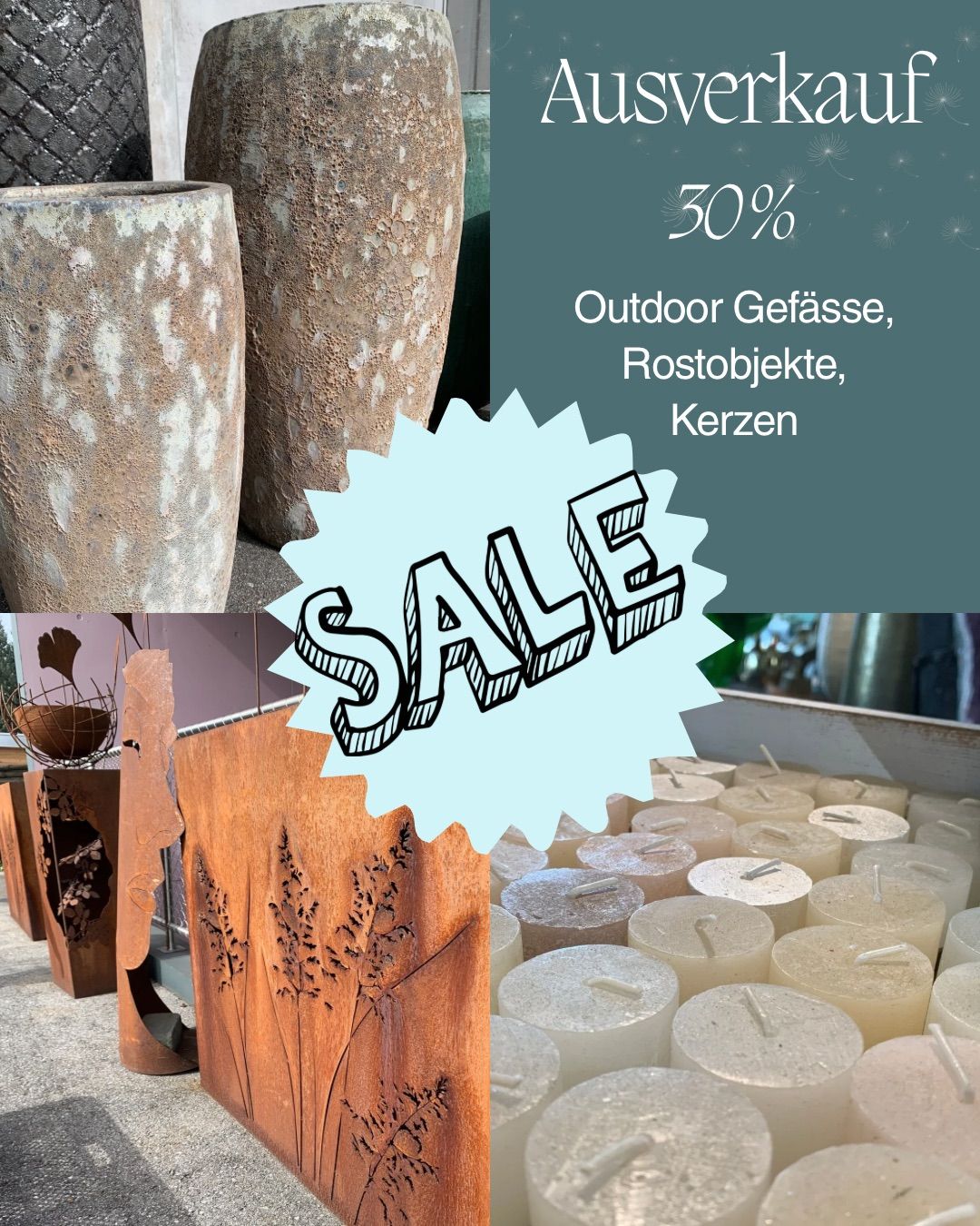Ein Verkaufswerbe für Outdoor-Töpfe, Metallgegenstände und Kerzen. Das Wort 'VERKAUF' ist groß geschrieben. Verschiedene Produkte werden gezeigt, einschließlich Töpferwaren, Metallskulpturen und Kerzen.