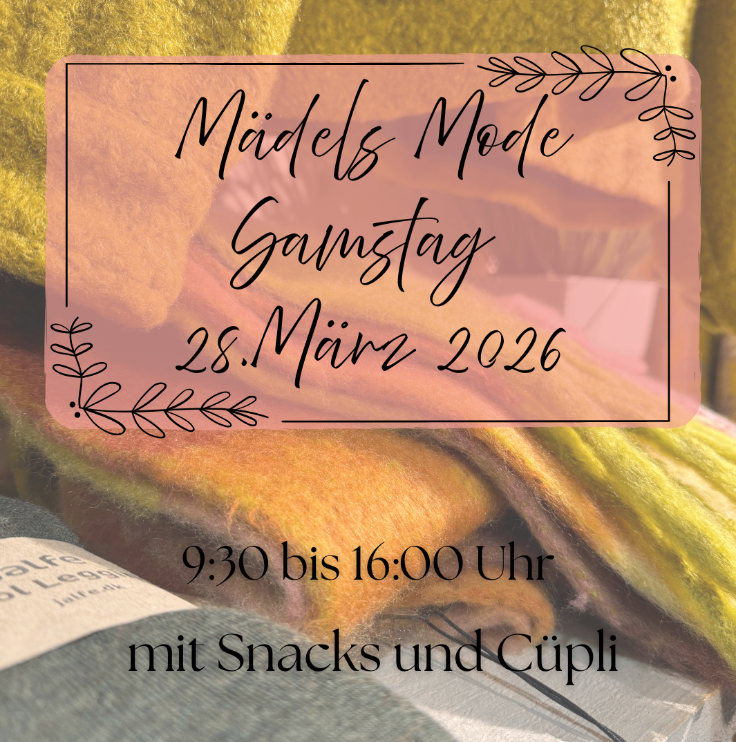 Eine Anzeige für einen Stricktag-Event am 28. März 2026 von 9:30 bis 16:00 Uhr mit Stricken, Snacks und Kaffee.