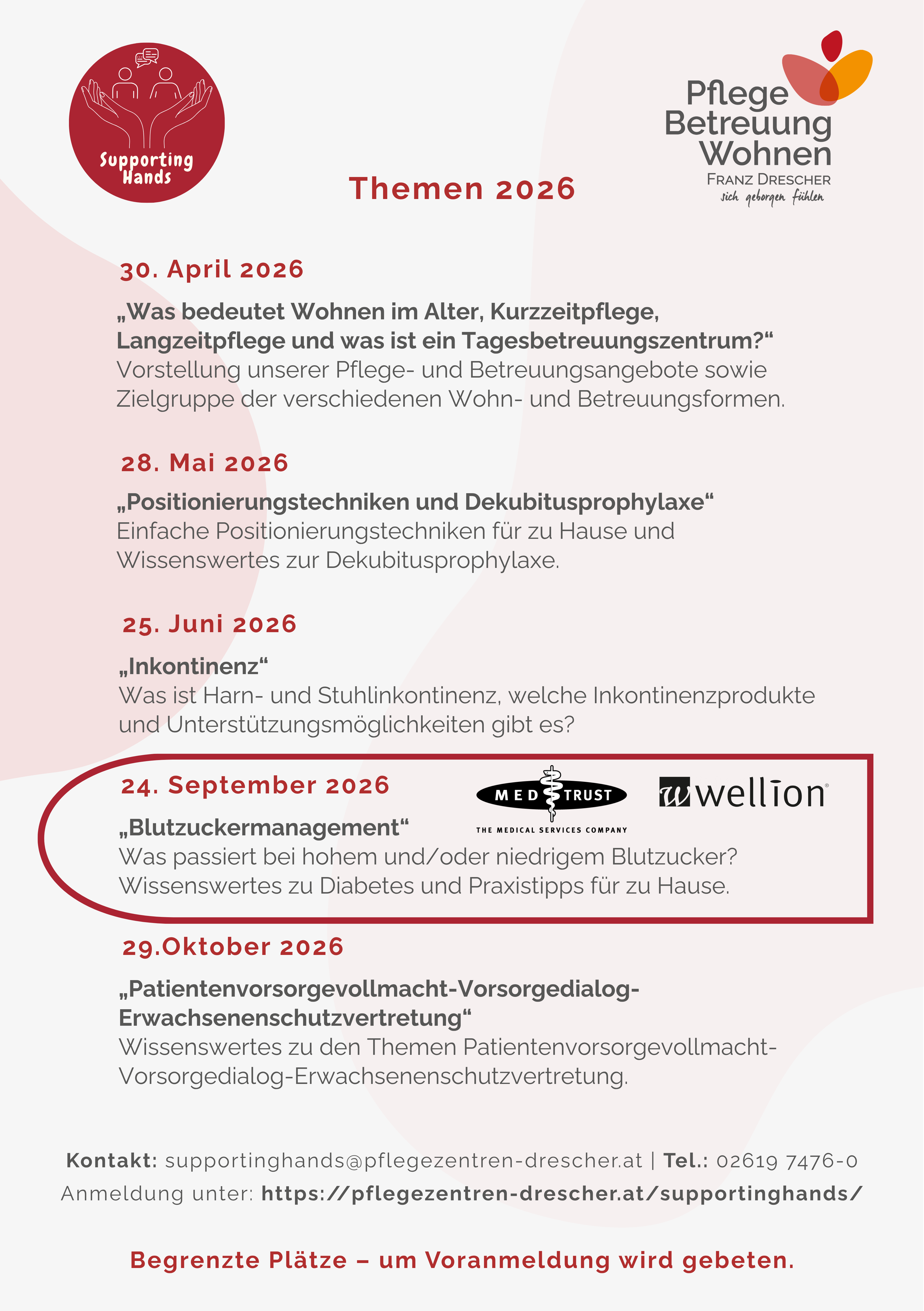 Ein Flyer mit Terminen und Themen für Pflege- und Betreuungsdienste, einschließlich 'Wohnen im Alter, Kurzzeitpflege, Langzeitpflege' am 30. April 2026.