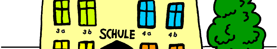Ein gelbes Gebäude mit mehreren Fenstern, die mit Zahlen und Buchstaben beschriftet sind. Der Text 'SCHULE' ist prominent in Schwarz angezeigt.