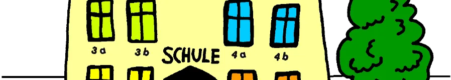 Ein gelbes Gebäude mit mehreren Fenstern, die mit Zahlen und Buchstaben beschriftet sind. Der Text 'SCHULE' ist prominent in Schwarz angezeigt.