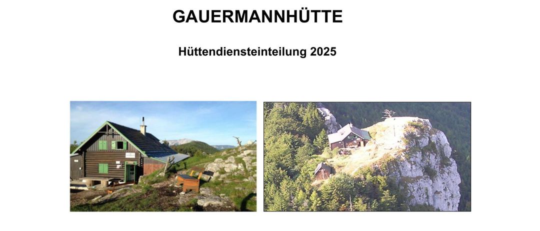 Ein Dokument zeigt einen Zeitplan für eine kleine Berghütte, mit Daten und Namen der für die Hütte verantwortlichen Personen, zusammen mit ihren Kontaktnummern. Zwei Bilder der Hütte sind zu sehen, eines von vorne und eines aus einer höheren Perspektive.
