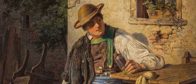 Ein Gemälde zeigt einen Mann, der auf einer Bank im Freien sitzt und aus einem Glas trinkt. Er trägt einen Hut und eine grüne Weste, mit einer Ziegelmauer und einer Pflanze in einem Topf dahinter. Das Gemälde trägt den Titel 'EDUARD RITTER'.