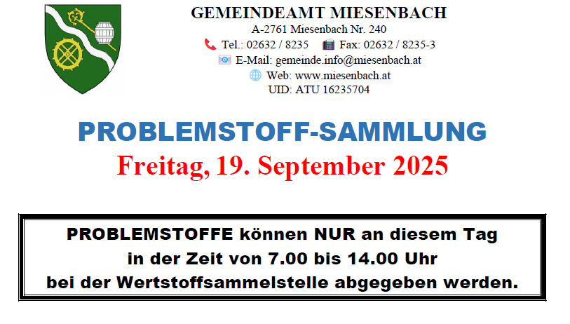 Ankündigung vom Miesenbacher Gemeindeamt über Problemstoffsammlung am 19. September 2025 von 7:00 bis 14:00 Uhr am Sammelpunkt.