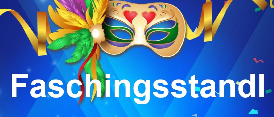 Werbeplakat für die Faschingsstandi-Veranstaltung am Faschingsdienstag, 17. Februar 2026, ab 11:00 Uhr vor dem Gemeindeamt. Es zeigt eine farbenfrohe Karnevalsmaske.