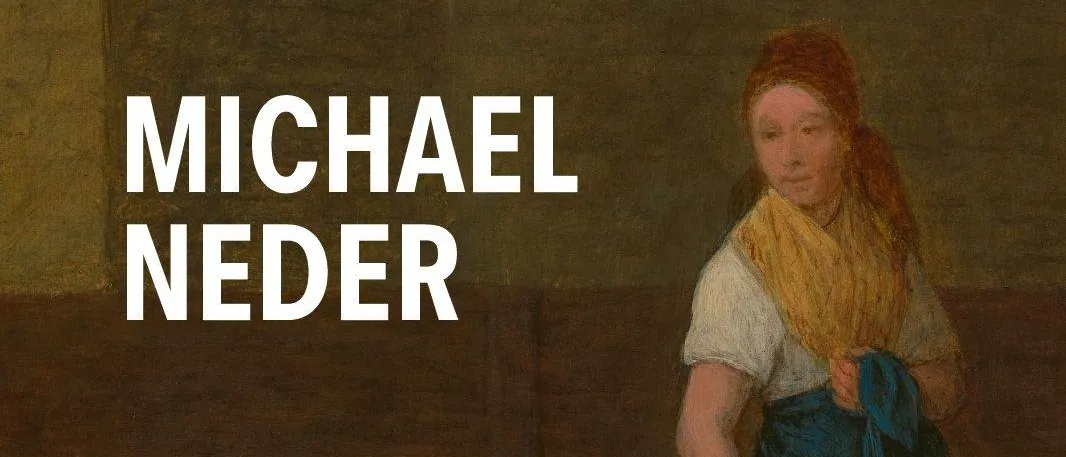 Ein Ölgemälde zeigt eine Frau in einem Stall mit einer Kuh und Hühnern. Die Frau hält ein Huhn. Der Titel lautet Michael Neder.