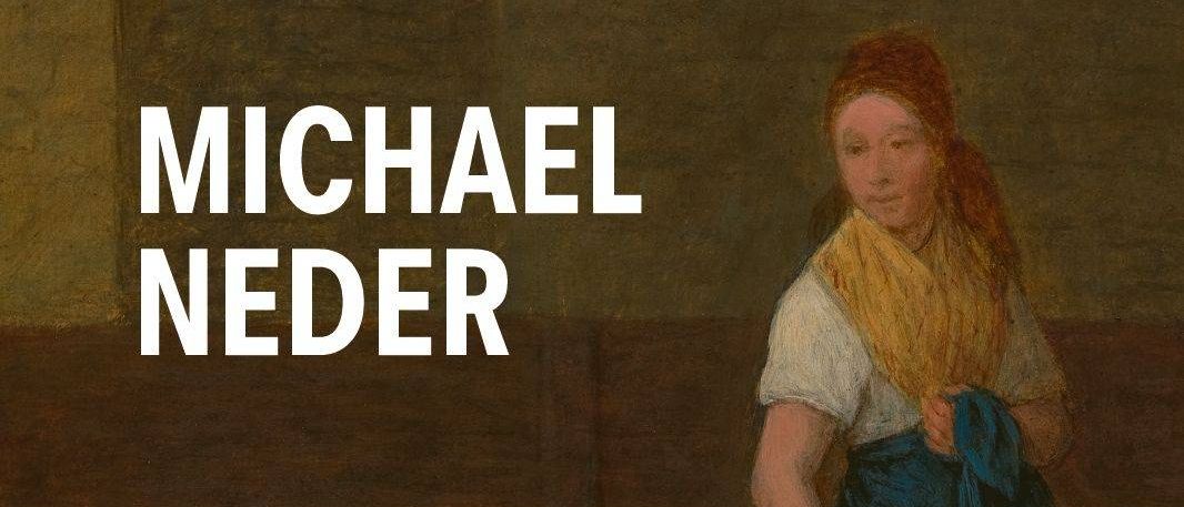 Ein Ölgemälde zeigt eine Frau in einem Stall mit einer Kuh und Hühnern. Die Frau hält ein Huhn. Der Titel lautet Michael Neder.