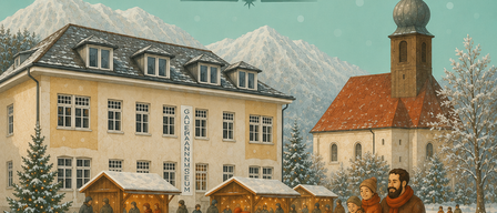 Plakat für den Adventmarkt im Gauermann Museum, Scheuchenstein 127, 2761 Meisenbach. Datum: Samstag, 28. November 2026, ab 13:00 Uhr. Illustration eines verschneiten Dorfes mit Kirche und Marktständen.