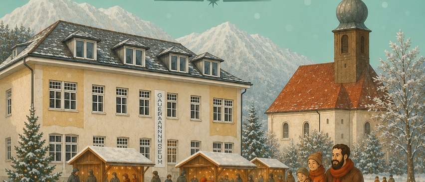 Plakat für den Adventmarkt im Gauermann Museum, Scheuchenstein 127, 2761 Meisenbach. Datum: Samstag, 28. November 2026, ab 13:00 Uhr. Illustration eines verschneiten Dorfes mit Kirche und Marktständen.