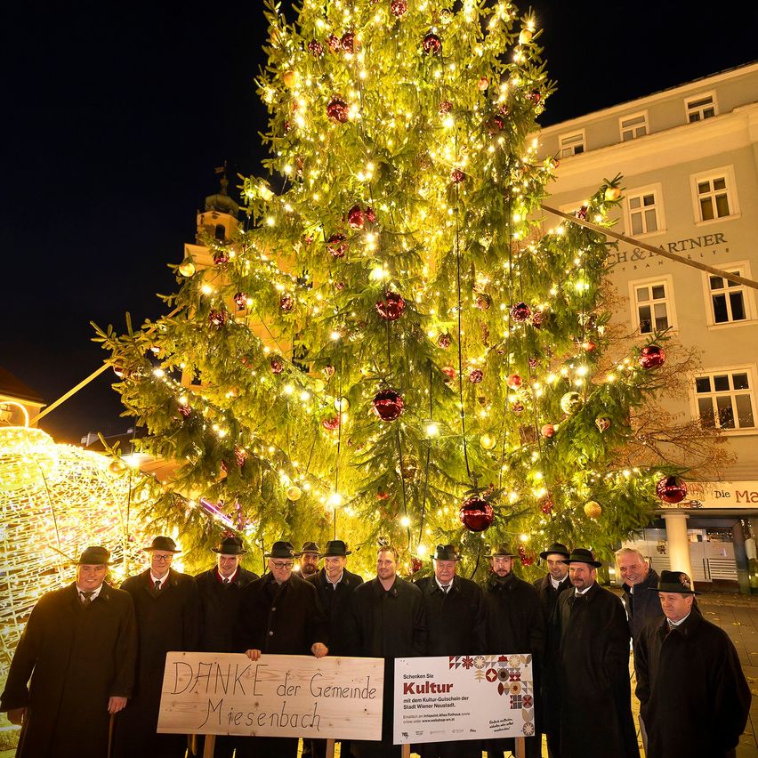 Eine Gruppe von Männern in schwarzen Mänteln und Hüten steht vor einem geschmückten Weihnachtsbaum und hält ein Schild mit der Aufschrift Danke der Gemeinde Wiesenbach. Dahinter befindet sich ein Gebäude mit der Aufschrift H&L Partner.