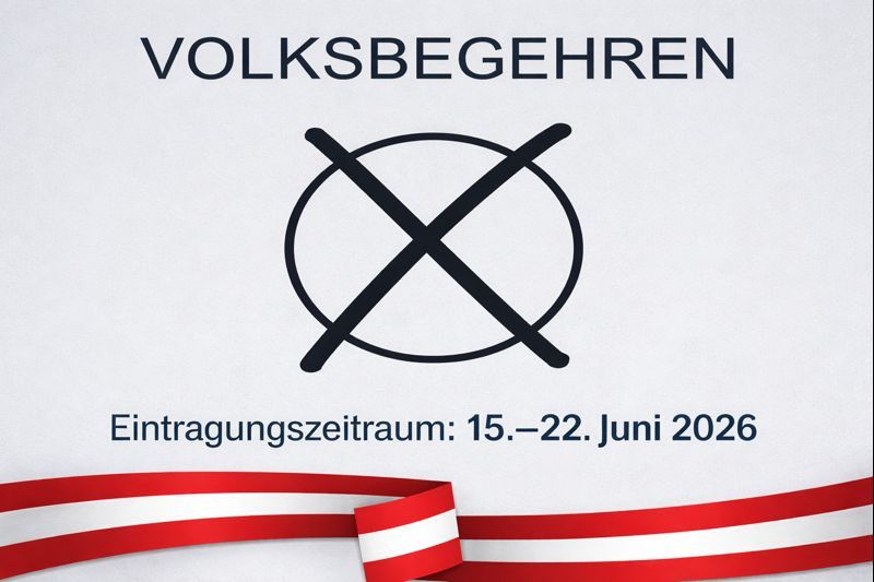 Plakat mit dem Titel 'Volksbegeehren' und einem Kreuzsymbol. Die Anmeldezeit ist vom 15. bis 22. Juni 2026.
