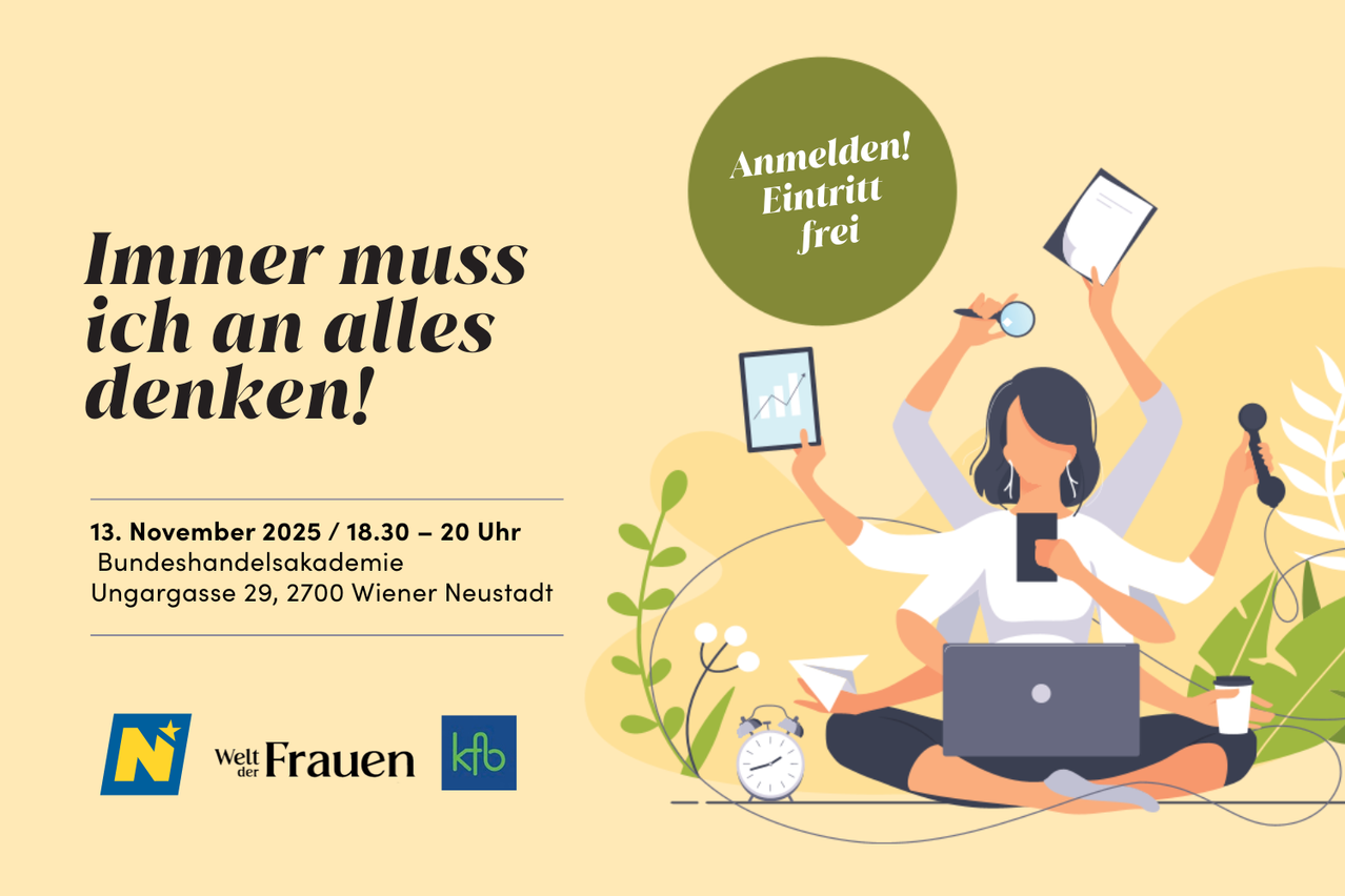 Plakat zeigt eine Frau beim Lernen, hält eine Lupe und einen Stift, mit einem Laptop, einem Buch und einer Uhr in der Nähe. Veranstaltungsdetails lauten: 'Frauen müssen alles wissen! Anmelden! Eintritt frei. 29. Nov 2025, 18:30-20:00 Uhr an der Handelsakademie, 2700 Wien Neustaedt.'