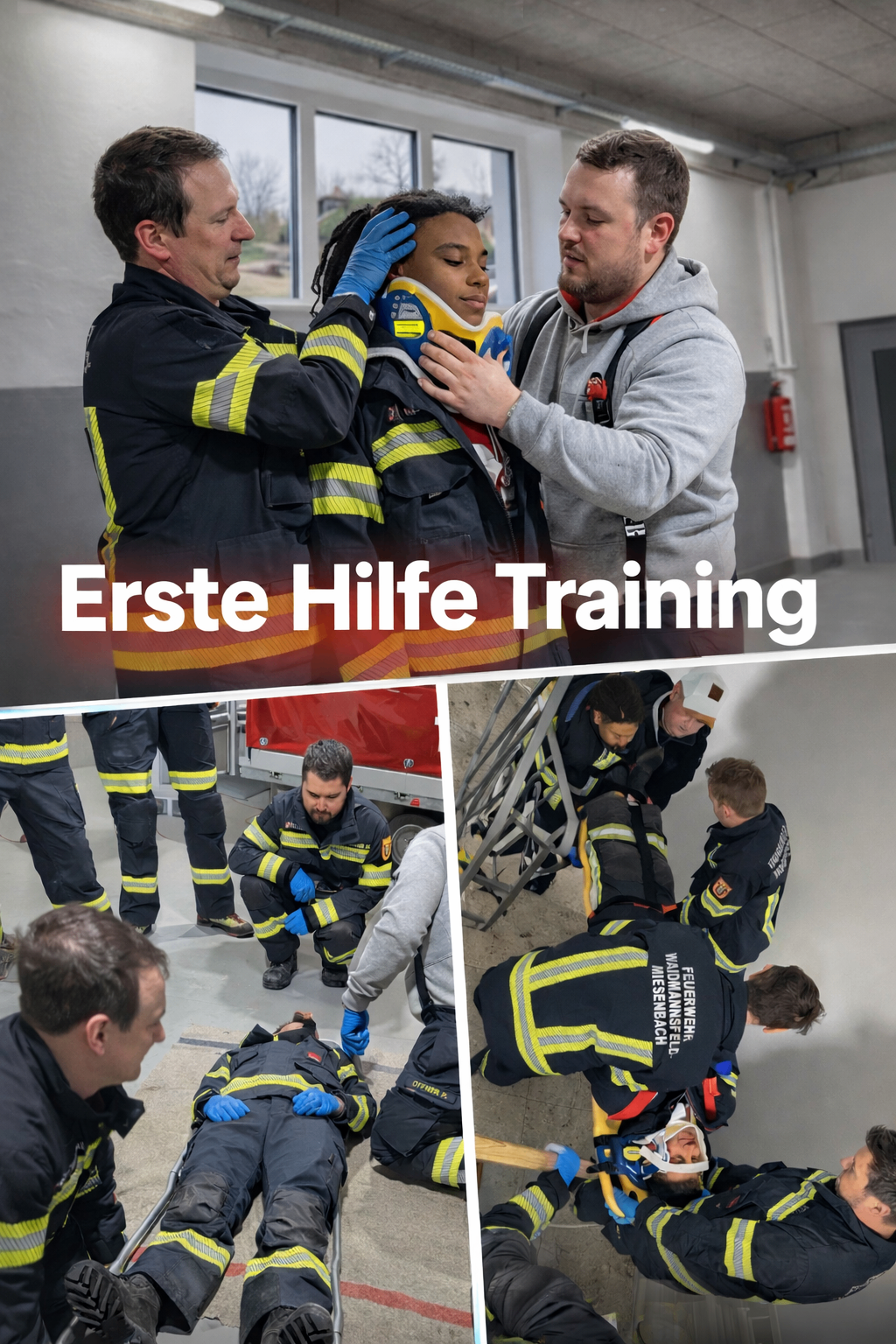 Mehrere Feuerwehrleute in Ausbildung, einer mit einer Halskralle, andere praktizieren Erste Hilfe an einem Dummy. Sie sind in Uniformen und Schutzausrüstung gekleidet. Das Bild ist überschrieben mit 'Erste Hilfe Training.'