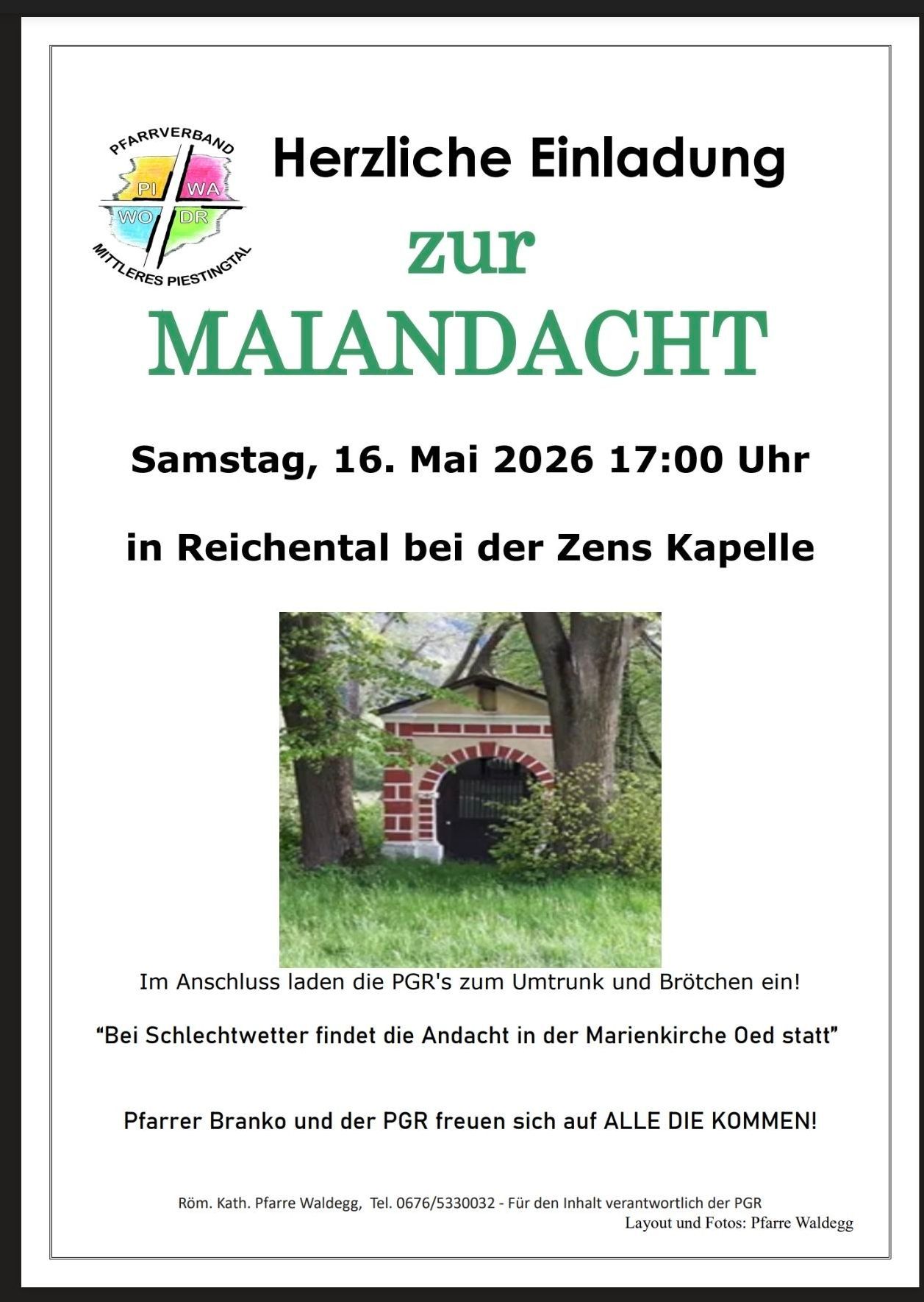 Poster for a local community event in Germany. It features a chapel in the center with text above and below. It reads, 'zur MAIANDACHT', followed by details of the event date, time, and location. An image of the chapel is below, with additional text in German.