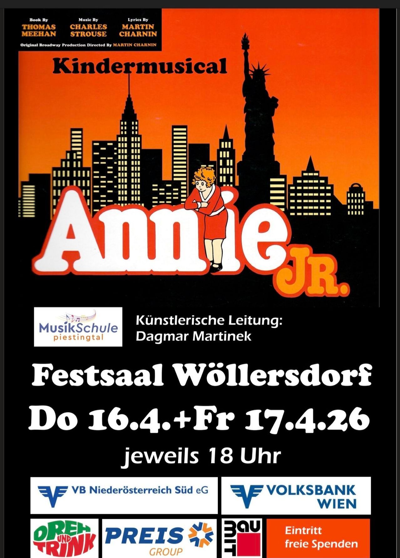 Poster for the musical 'Annie Jr.' by MusikSchule piesingertal, directed by Dagmar Martinek, dates for the performance in Wollersdorf, April 16th and 17th, 2026 at 6 PM each.