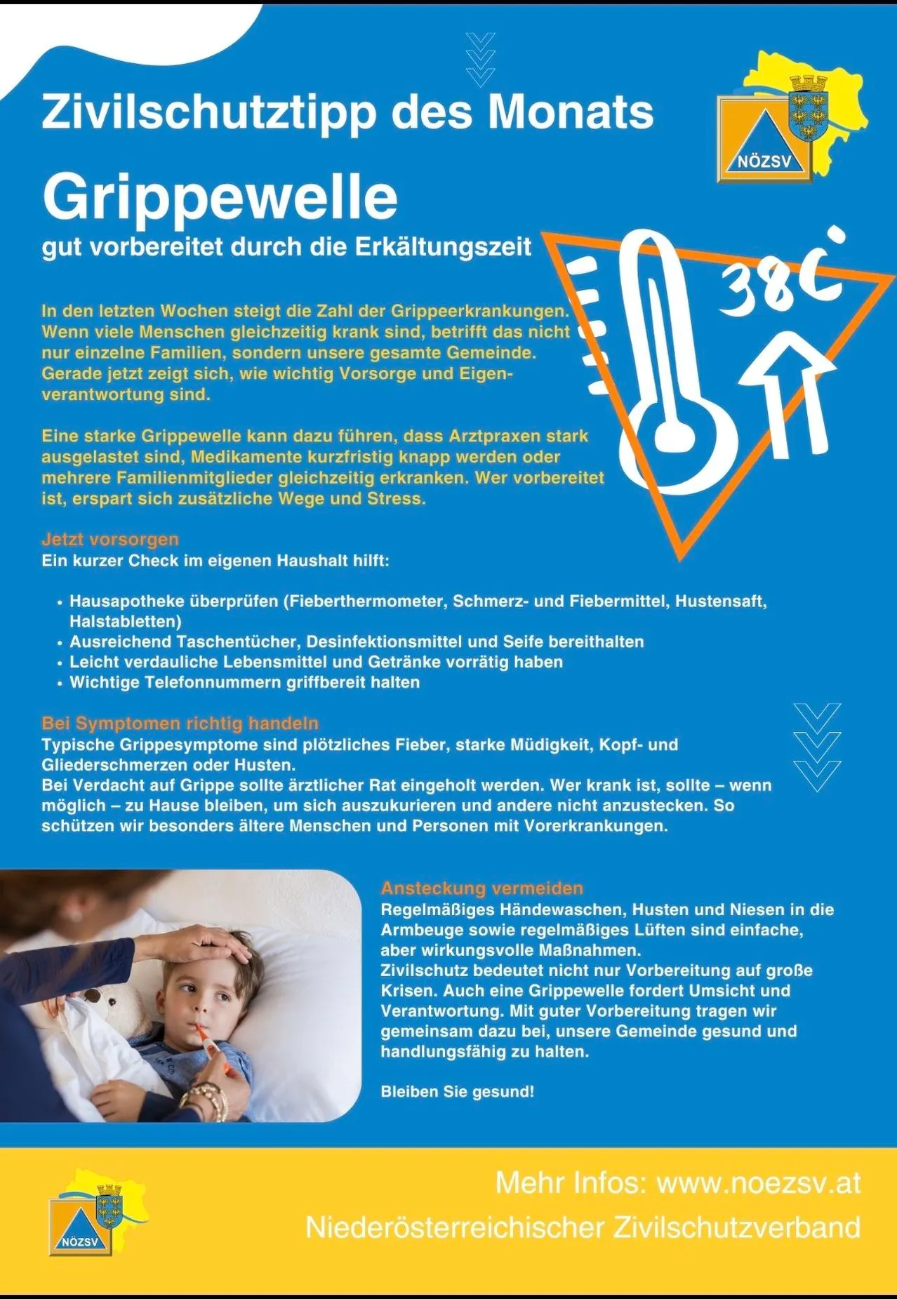 Ein Bild zur Grippesaison-Vorbereitung zeigt eine Person, die die Temperatur eines Kindes überprüft. Es hebt die Überprüfung von Haushaltsvorräten, das Zuhausbleiben Kranker und regelmäßiges Händewaschen hervor.