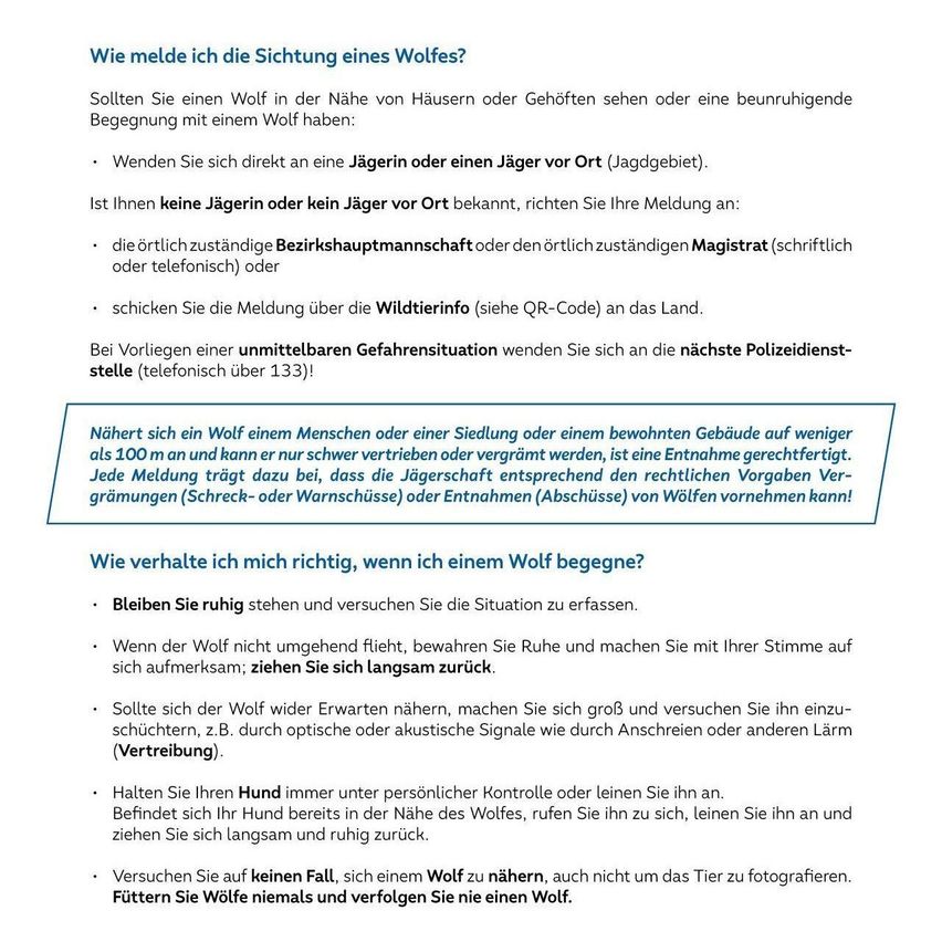 Das Bild enthält Anweisungen, was zu tun ist, wenn man einem Wolf begegnet. Es bietet Schritte zur Meldung von Sichtungen und rät, wie man sich verhalten sollte, wenn man von einem Wolf angegriffen wird. Das Dokument betont auch die Bedeutung der Einhaltung rechtlicher Vorschriften beim Umgang mit Wölfen.