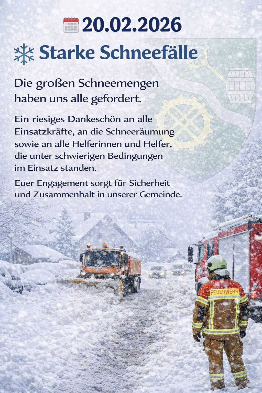 Das Bild zeigt eine verschneite Szene mit einem Feuerwehrauto, das Schnee räumt, und einem Feuerwehrmann in der Nähe. Eine Nachricht auf Deutsch drückt Dankbarkeit für alle aus, die an der Schneeräumung und Unterstützung beteiligt waren.