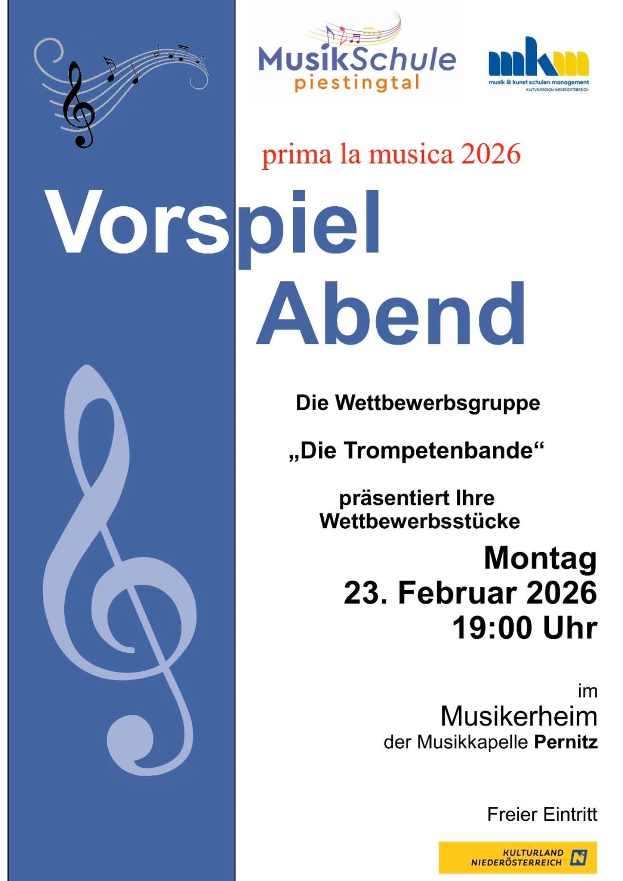 Ein Plakat für eine Musikveranstaltung mit dem Titel 'Vorspiel Abend', das eine Trompete und das Datum 'Montag, 23. Februar 2026, 19:00 Uhr' zeigt.