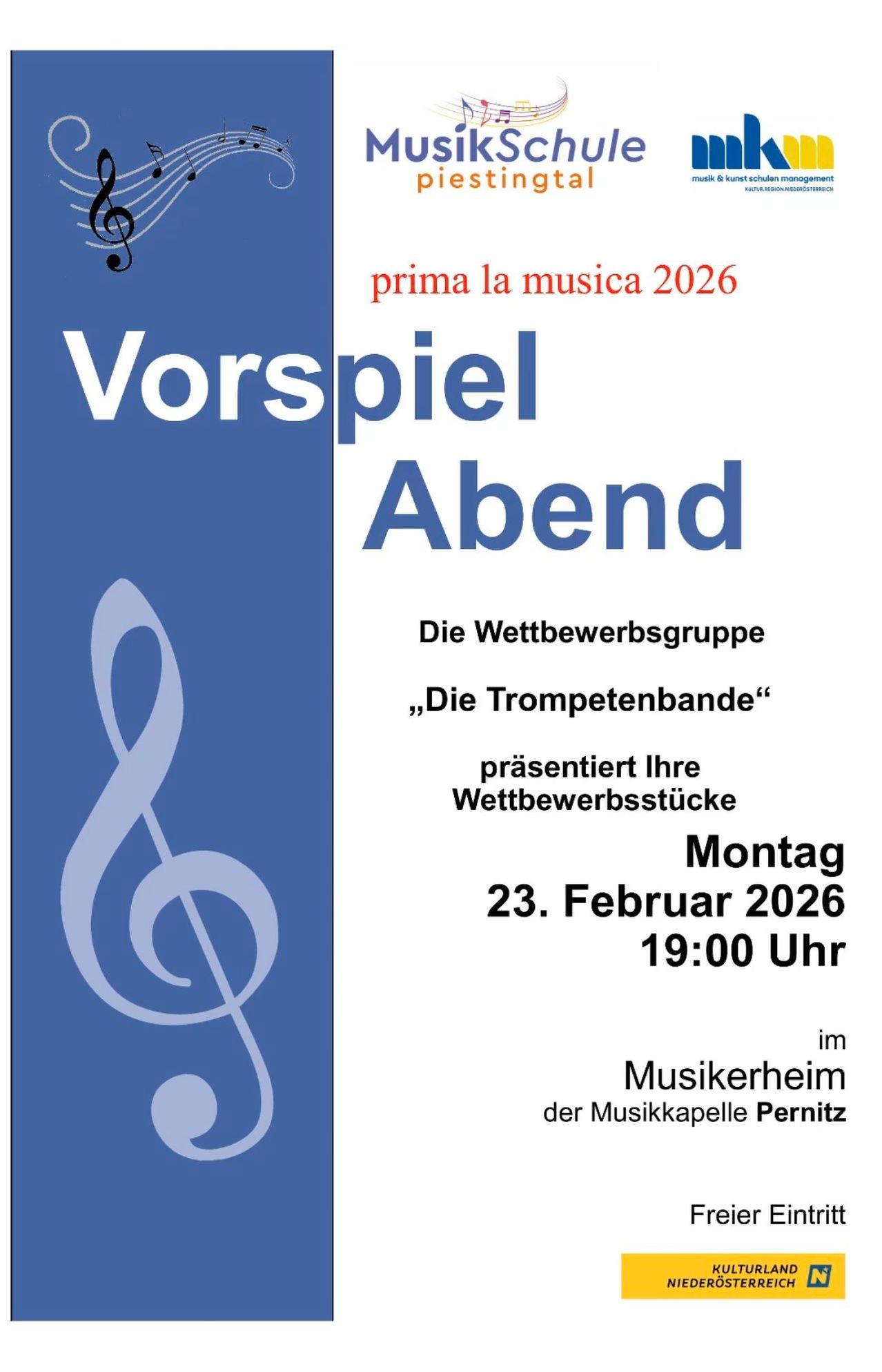 Ein Plakat für eine Musikveranstaltung mit dem Titel 'Vorspiel Abend', das eine Trompete und das Datum 'Montag, 23. Februar 2026, 19:00 Uhr' zeigt.