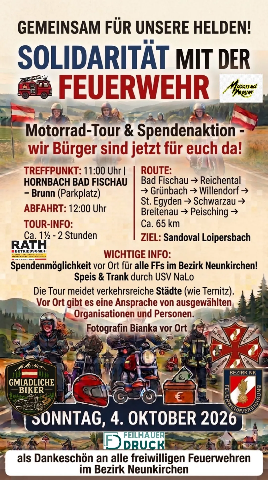 Eine Motorradtour und Spendenaktion findet jetzt statt. Treffpunkt um 11:00 Uhr in Hornbach Bad Fischau. Die Route führt durch Bad Fischau, Reichental, Grünbach, Willendorf, St. Egyden, Schwarzau, Breitenau und Peisching. Die Tour ist etwa 65 km lang und dauert etwa 1,5 bis 2 Stunden. Das Ziel ist Sandoval Loipersdorf.