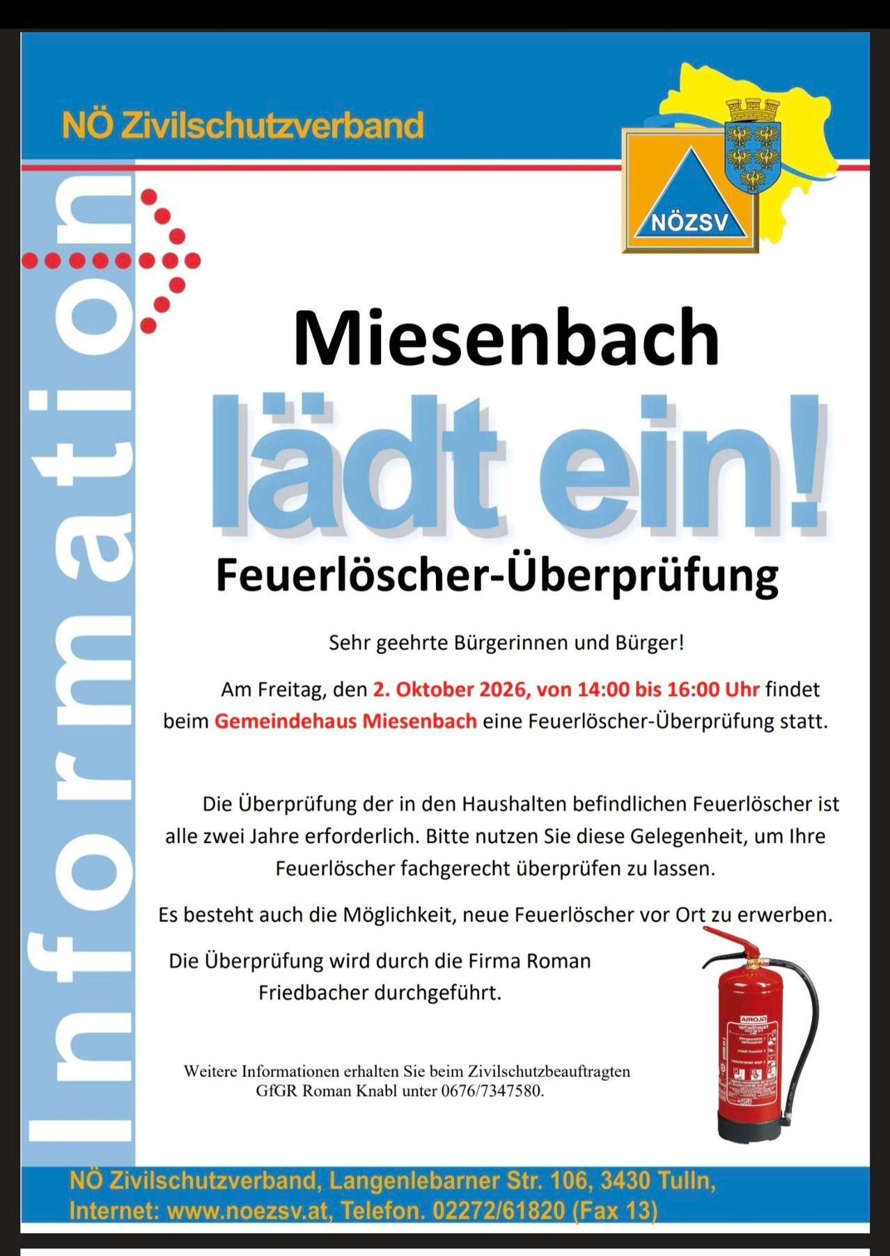 Plakat für die Feuerlöscher-Überprüfungsveranstaltung in Miesenbach am 2. Oktober 2026 von 14:00 bis 16:00 Uhr. Ausgerichtet vom Miesenbach Gemeindehaus.