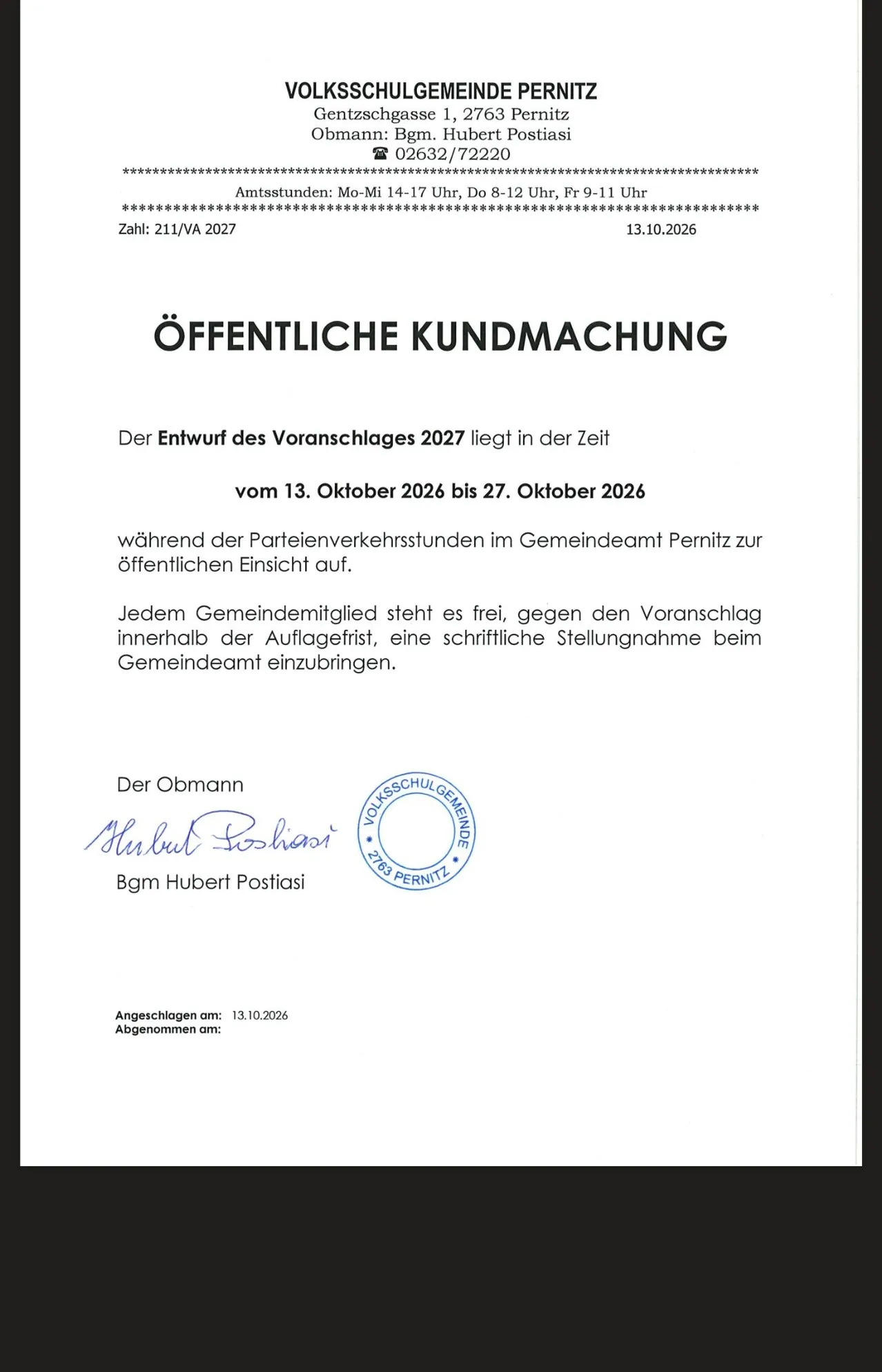 Ein Screenshot eines Dokuments mit dem Titel 'Öffentliche Kundmachung', mit einem Siegel und einer Unterschrift am unteren Rand.