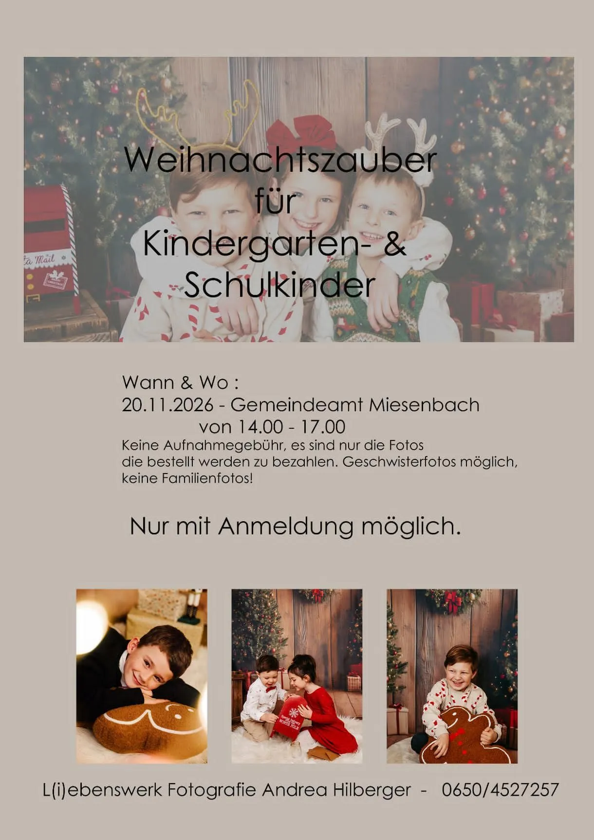 Ein Plakat für eine Weihnachtsfoto-Session für Kindergarten- und Schulkinder. Es zeigt drei Kinder in Weihnachtskostümen, eines hält einen Lebkuchenmann.
