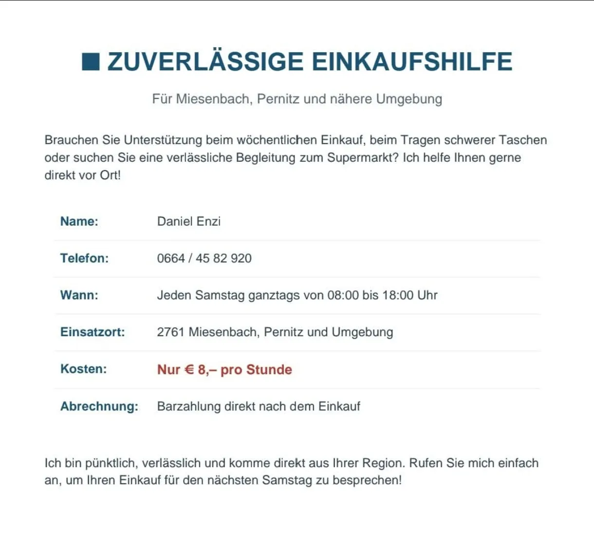 Eine weiße Seite mit blauem Text, der 'Zuverlässige Einkaufshilfe' lautet. Darunter befindet sich eine Liste mit Details, einschließlich Name, Telefonnummer, Öffnungszeiten, Standort, Kosten und Zahlungsmethode.