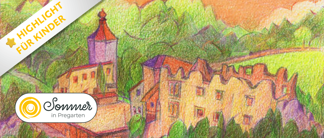Eine farbenfrohe handgezeichnete Illustration eines Dorfes mit einem Turm, einem Haus und Bäumen. Der Hintergrund zeigt einen Farbverlauf von Orange und Grün.