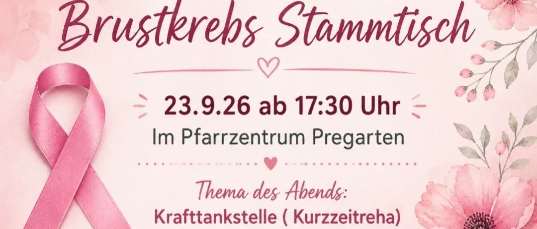 Ein rosa Band auf einem rosa Hintergrund mit Text auf Deutsch, der eine Veranstaltung am 23. September 2026 um 17:30 Uhr im Pfarrzentrum Pregarten ankündigt. Das Thema des Abends ist Krafttankstelle (Kurzzeitreha). Keine Anmeldung erforderlich.