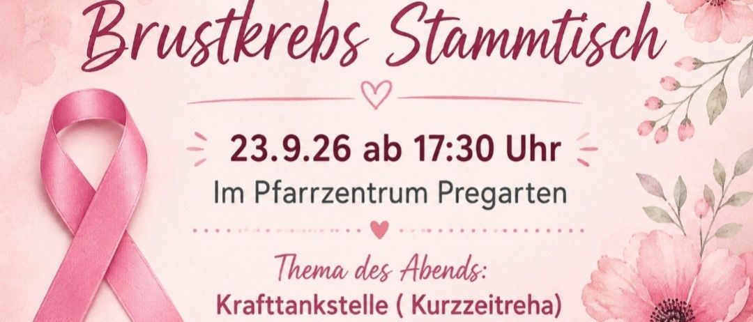 Ein rosa Band auf einem rosa Hintergrund mit Text auf Deutsch, der eine Veranstaltung am 23. September 2026 um 17:30 Uhr im Pfarrzentrum Pregarten ankündigt. Das Thema des Abends ist Krafttankstelle (Kurzzeitreha). Keine Anmeldung erforderlich.