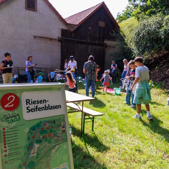 In einem Grasbereich sind eine Gruppe von Menschen, einschließlich Kindern, in verschiedene Aktivitäten verwickelt in der Nähe eines Holzschuppens. Ein Schild mit einer Karte steht auf einem Tisch.