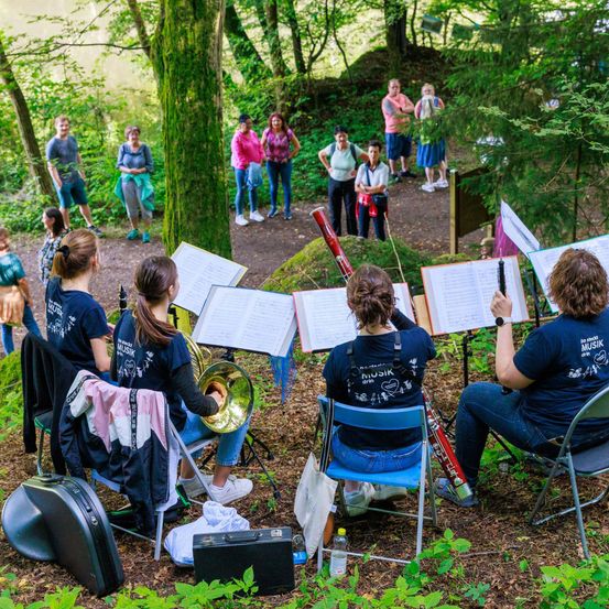 Eine Gruppe von Musikern sitzt auf Stühlen und spielt Instrumente in einem Wald. Dahinter stehen mehrere Menschen und beobachten. Einige von ihnen halten Regenschirme.