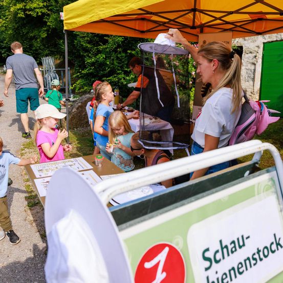 Mehrere Kinder und Erwachsene versammeln sich unter einem Zelt, eine Frau zeigt einen Imkerhut. Eine andere Frau hält ein Schild für Schau-Bienenstock. Ein Mann und zwei Kinder beobachten, während andere Gegenstände auf einem Tisch betrachten.