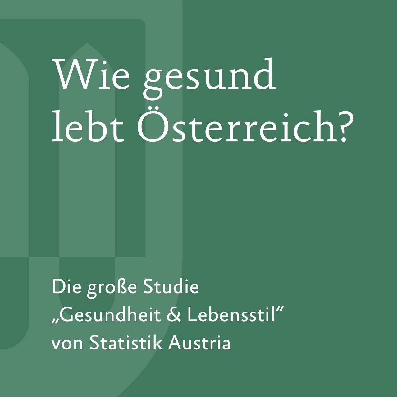 Ein grünes Poster mit weißem Text zeigt 'Wie gesund lebt Osterreich?' Darunter steht in kleinerem Text 'Die große Studie, Gesundheit & Lebensstil von Statistik Austria.' Der Hintergrund hat ein quadratisches Muster.