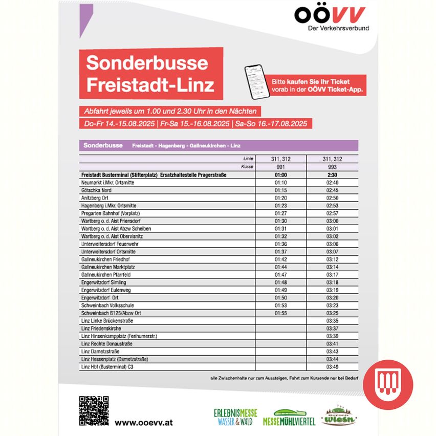 Das Bild zeigt den Fahrplan für einen Sonderbusdienst zwischen Freistadt und Linz, betrieben von OöVV. Der Fahrplan umfasst Abfahrtszeiten von Freitag bis Sonntag, vom 14. bis 17. August 2025. Er listet bestimmte Zeiten und Haltestellen auf, beginnend am Busbahnhof Freistadt und endend am Busbahnhof Linz.